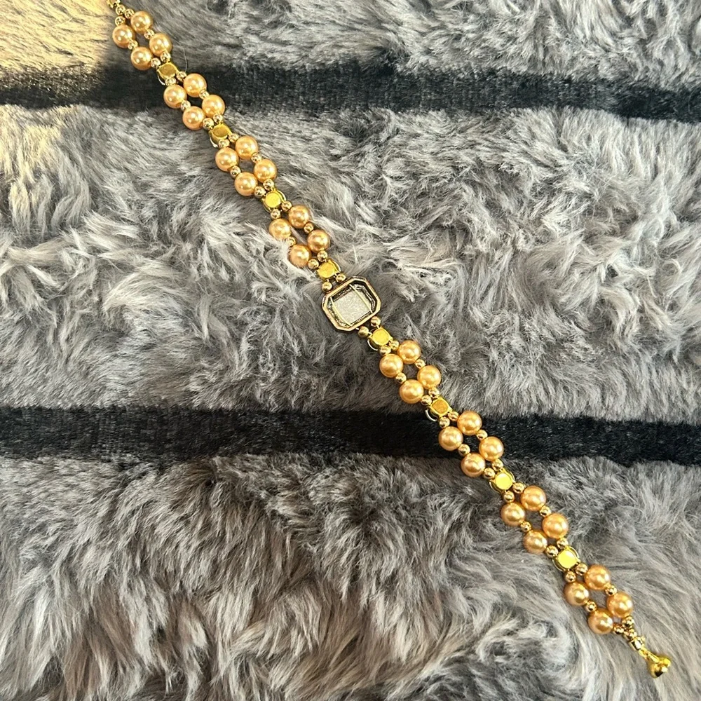 Handcrafted vintage gem citrine dome crystal pearl beaded bracelet